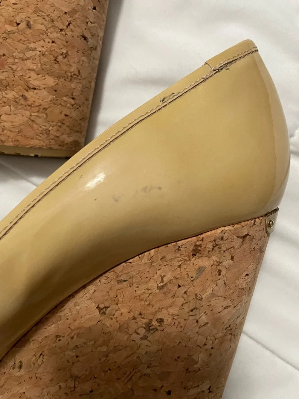 Jimmy Choo peep toe Beige Patent Cork Wedge Heels